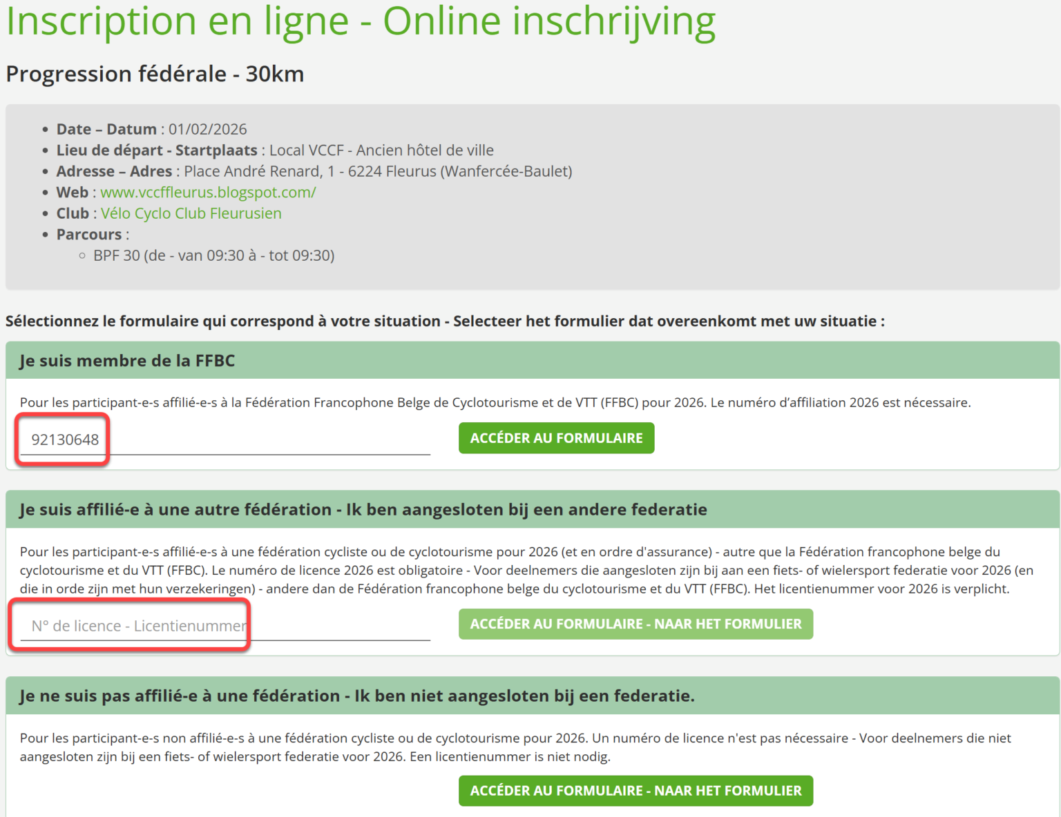 organisation ffbc pré-inscription