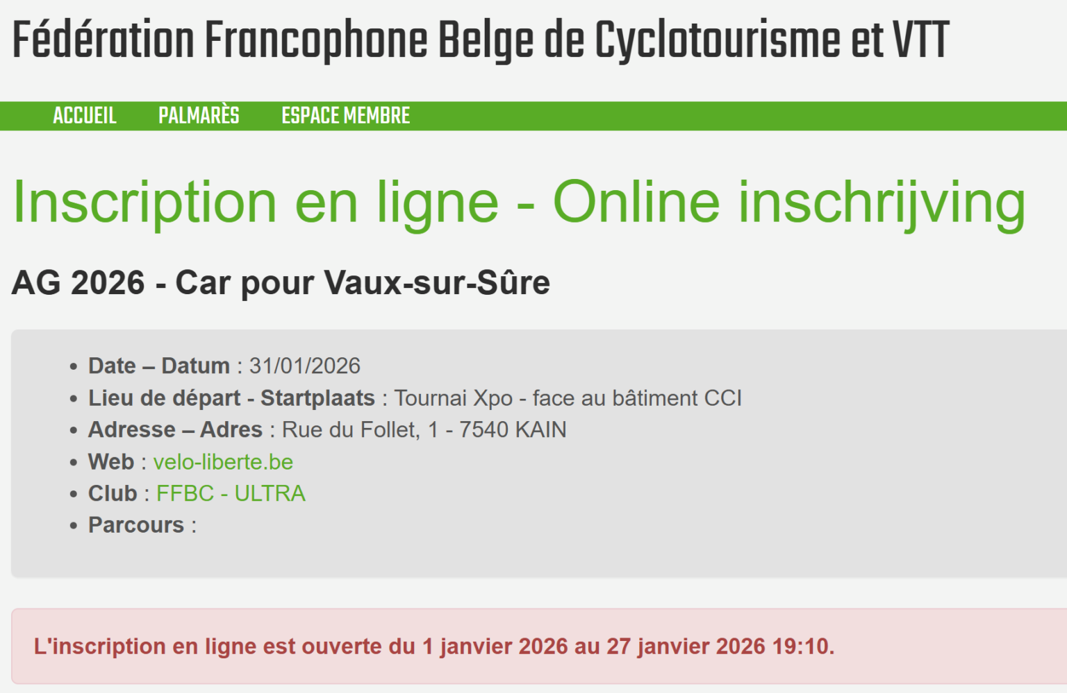 organisation ffbc pré-inscription non ouverte ou clôturée